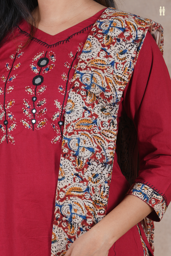 V-Neck Threadwork Design Crimson Red Cotton Salwar Set