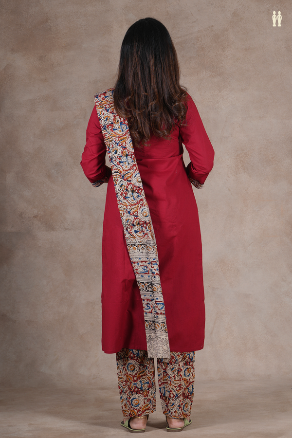 V-Neck Threadwork Design Crimson Red Cotton Salwar Set