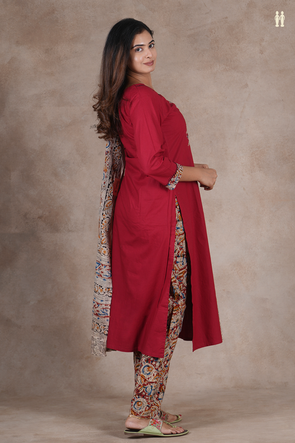 V-Neck Threadwork Design Crimson Red Cotton Salwar Set