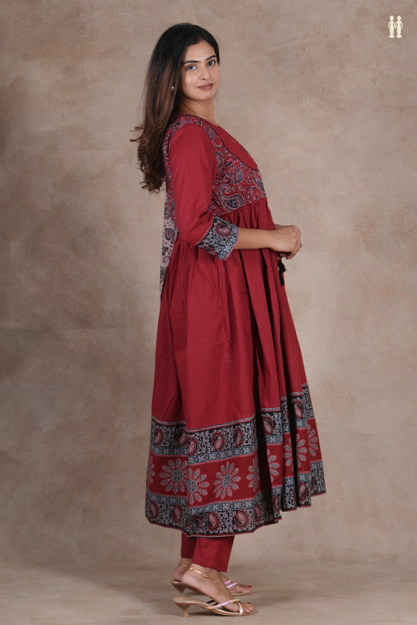 Round Neck Printed Design Red Cotton Salwar Set