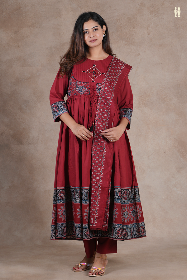 Round Neck Printed Design Red Cotton Salwar Set