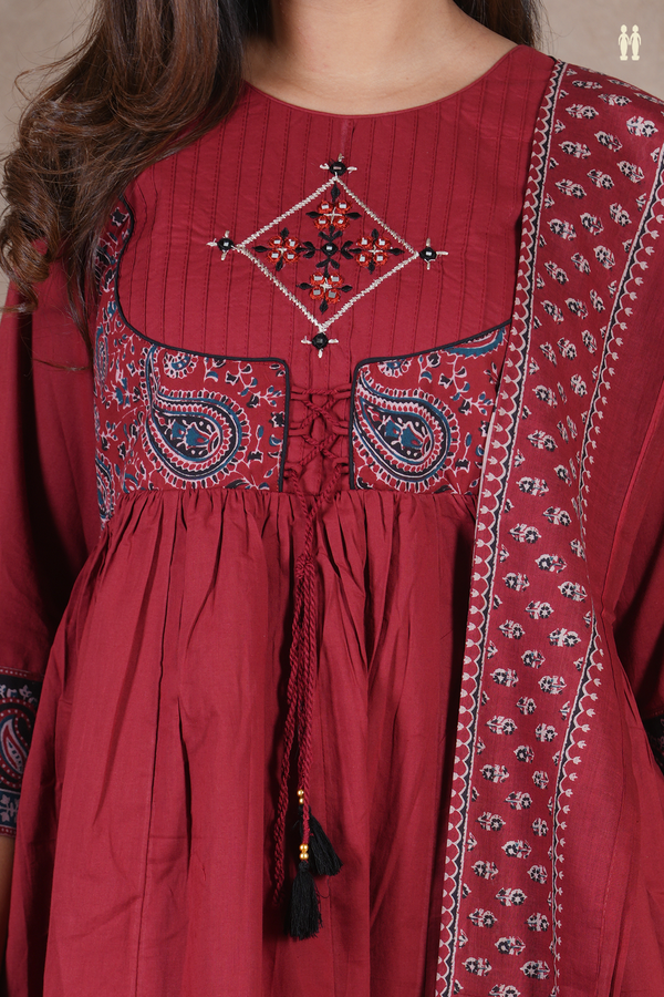 Round Neck Printed Design Red Cotton Salwar Set
