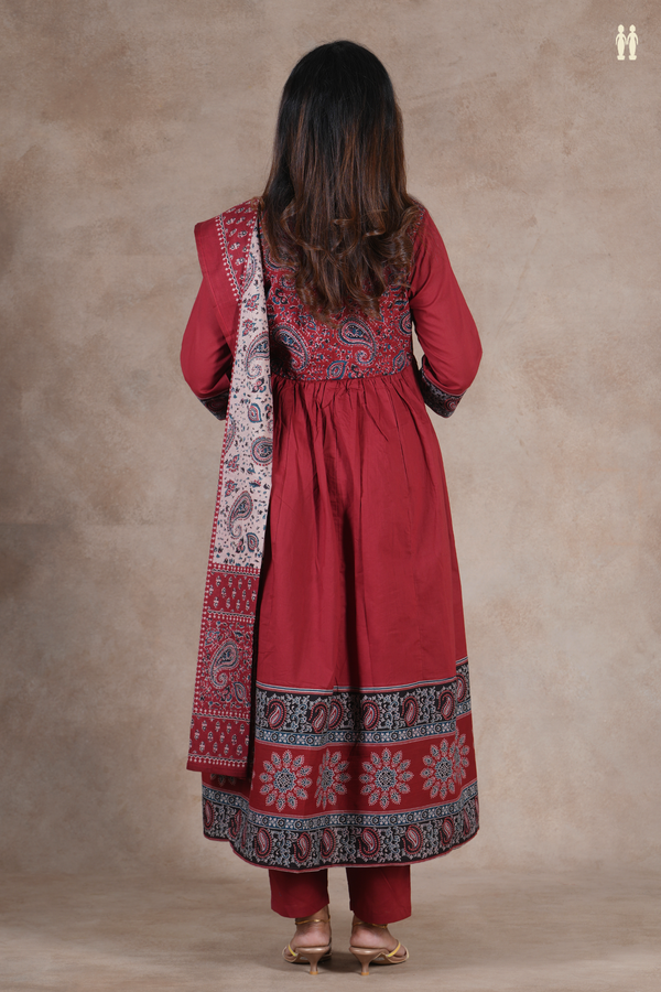 Round Neck Printed Design Red Cotton Salwar Set