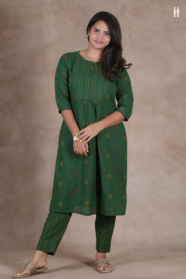 Round Neck Threadwork Design Forest Green Cotton Salwar Set