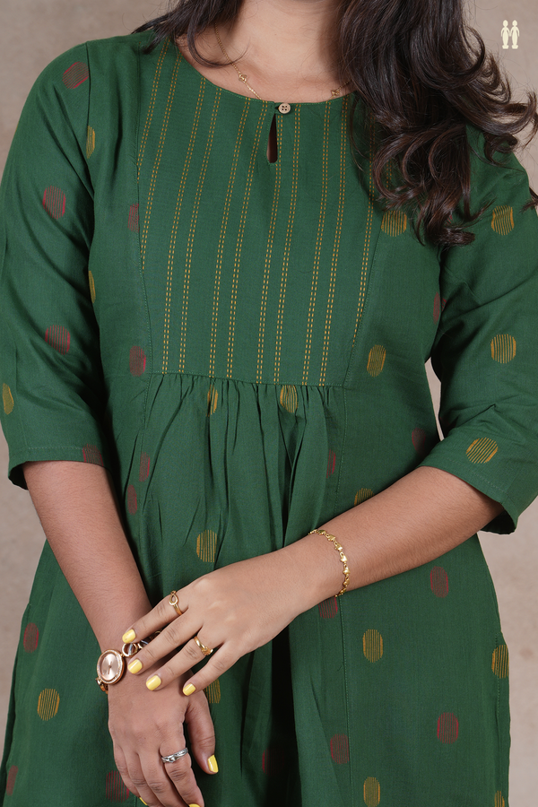 Round Neck Threadwork Design Forest Green Cotton Salwar Set