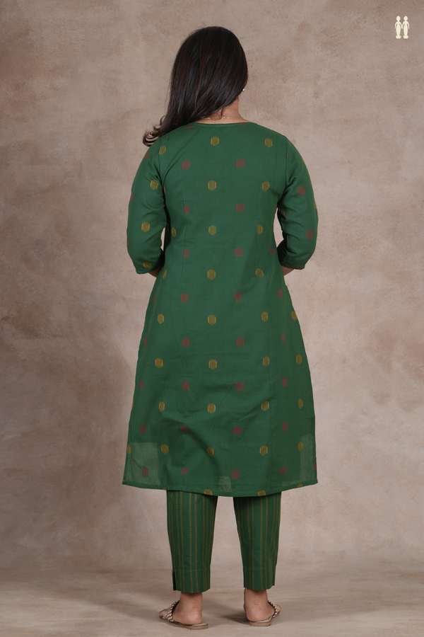 Round Neck Threadwork Design Forest Green Cotton Salwar Set