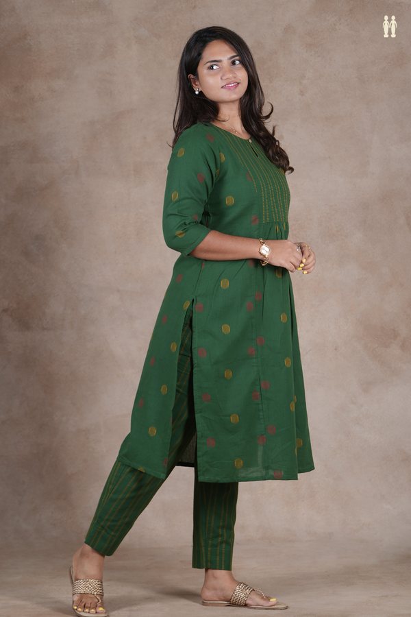 Round Neck Threadwork Design Forest Green Cotton Salwar Set