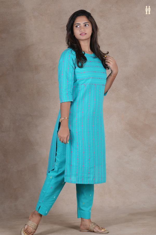 Boat Neck Stripes Design Bluish Green Cotton Salwar Set