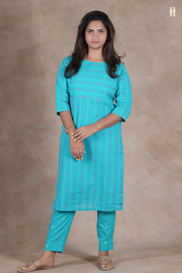 Boat Neck Stripes Design Bluish Green Cotton Salwar Set