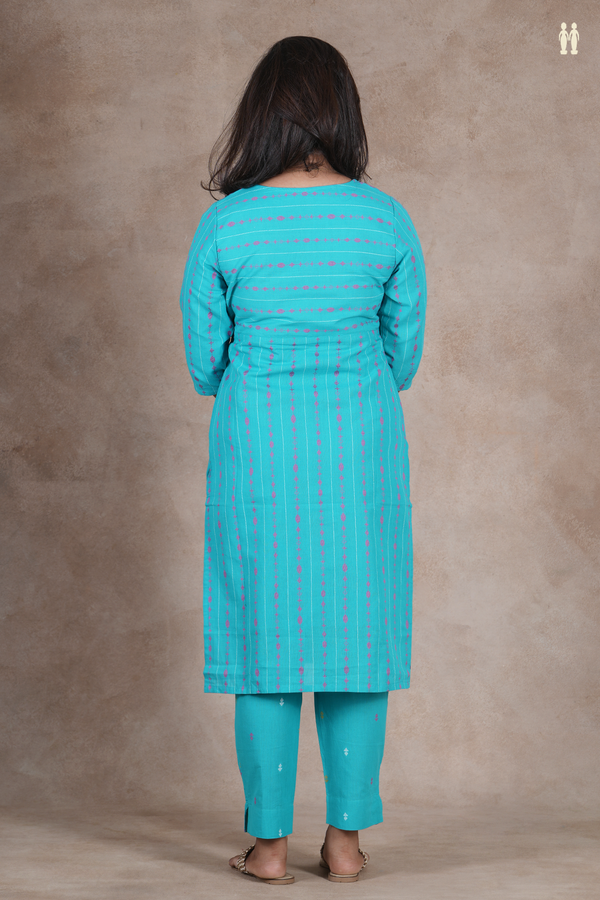Boat Neck Stripes Design Bluish Green Cotton Salwar Set