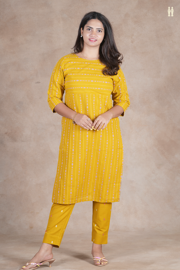 Boat Neck Stripes Design Yellow Cotton Salwar Set
