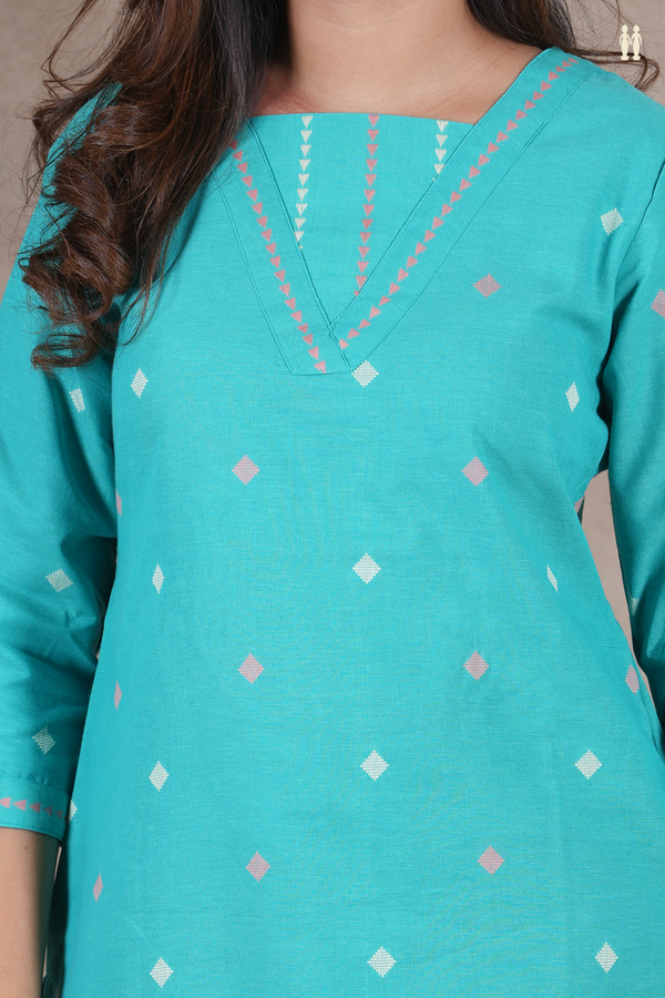 V- Neck Threadwork Buttas Green Cotton Salwar Set
