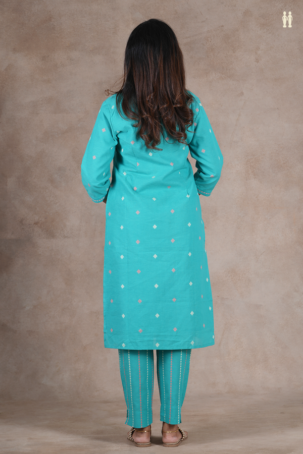 V- Neck Threadwork Buttas Green Cotton Salwar Set
