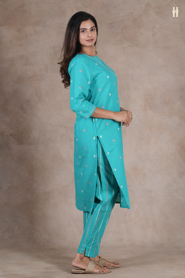 V- Neck Threadwork Buttas Green Cotton Salwar Set