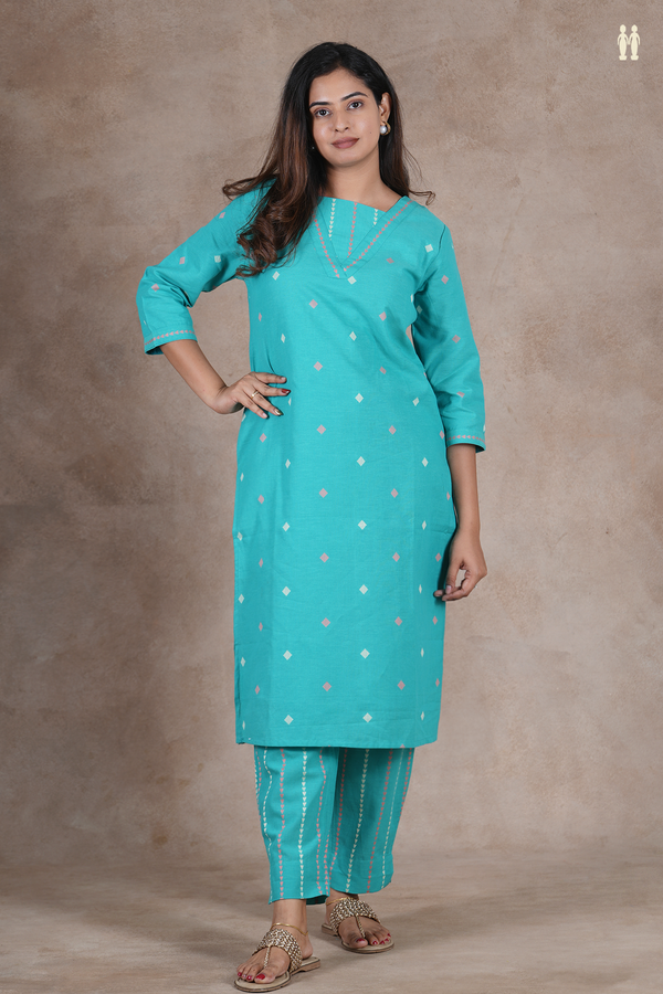 V- Neck Threadwork Buttas Green Cotton Salwar Set
