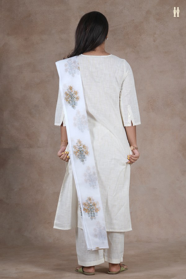 Round Neck Stripes Design White Cotton Salwar Set