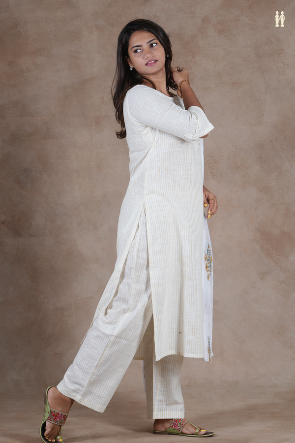 Round Neck Stripes Design White Cotton Salwar Set