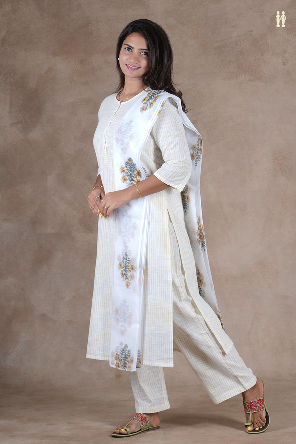 Round Neck Stripes Design White Cotton Salwar Set