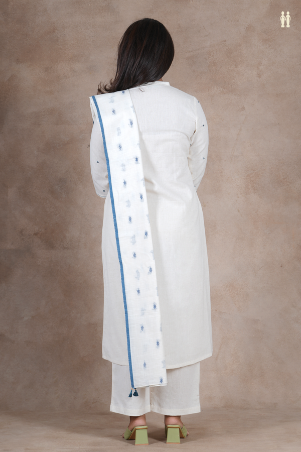 V- Neck Mirror Buttis White Dobby Cotton Salwar Set