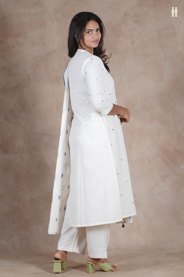 V- Neck Mirror Buttis White Dobby Cotton Salwar Set