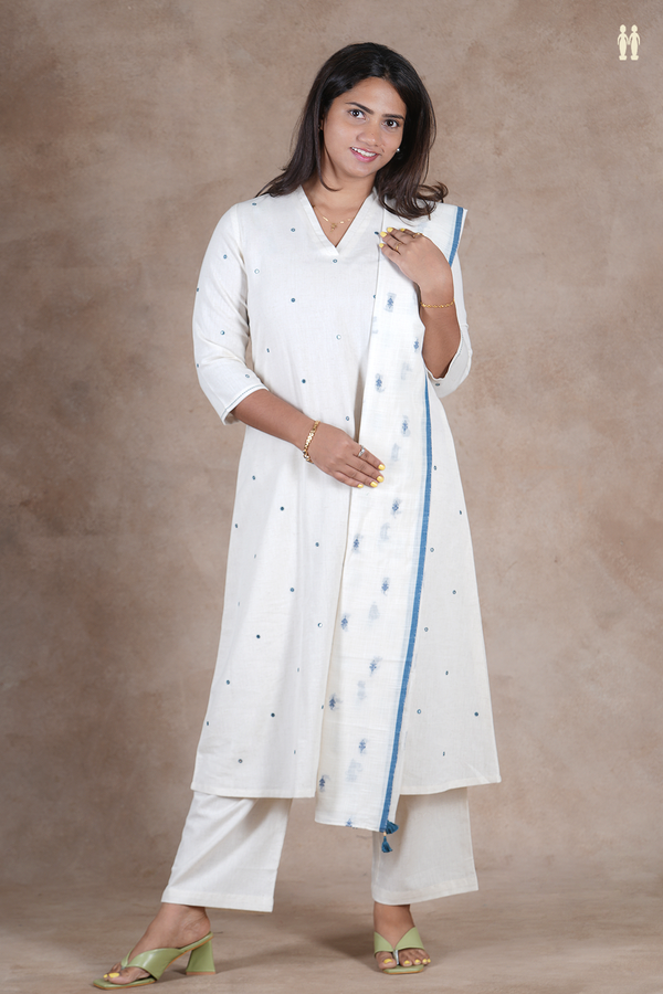 V- Neck Mirror Buttis White Dobby Cotton Salwar Set