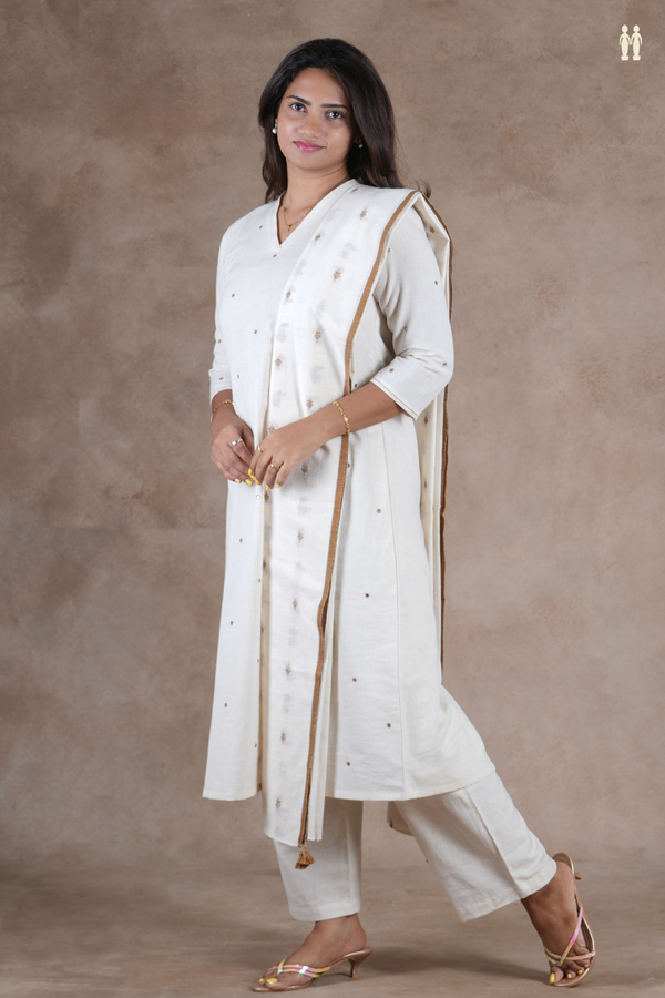 V-Neck Mirror Work Buttis Off White Cotton Salwar Set