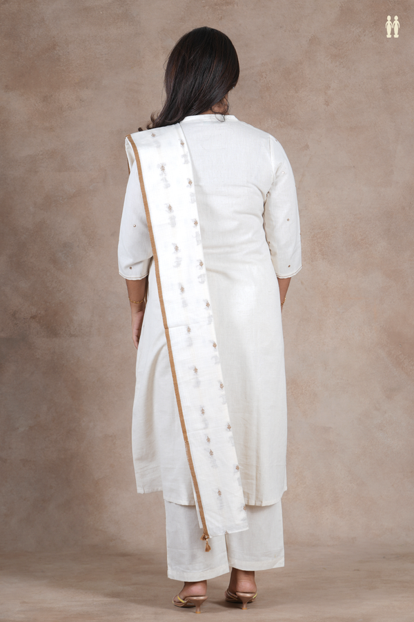 V-Neck Mirror Work Buttis Off White Cotton Salwar Set