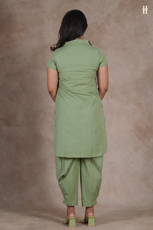 Open Collar Checks Design Green Cotton Salwar Set