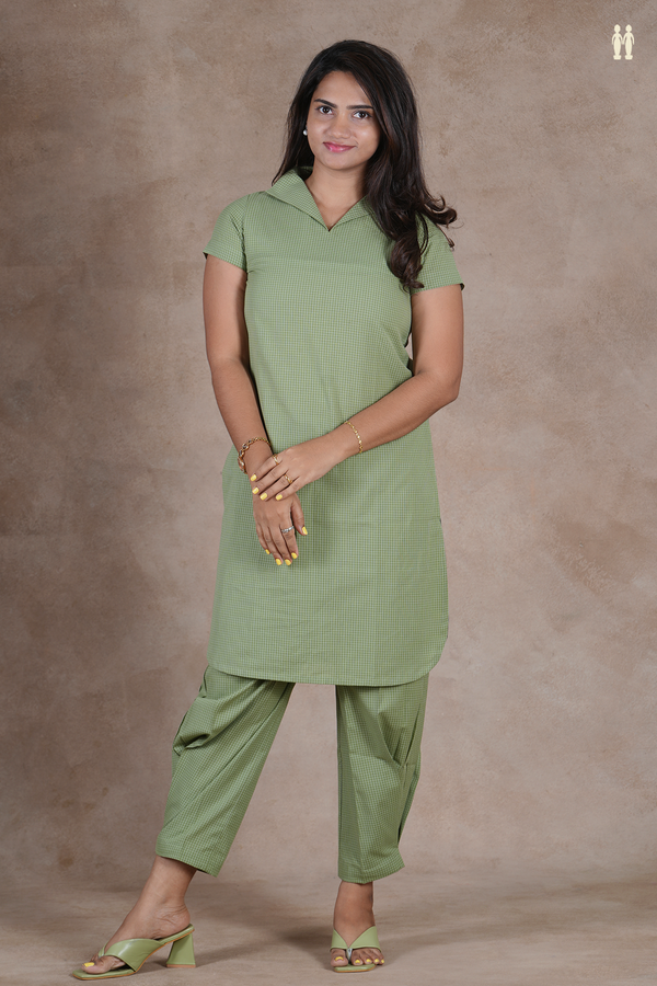 Open Collar Checks Design Green Cotton Salwar Set