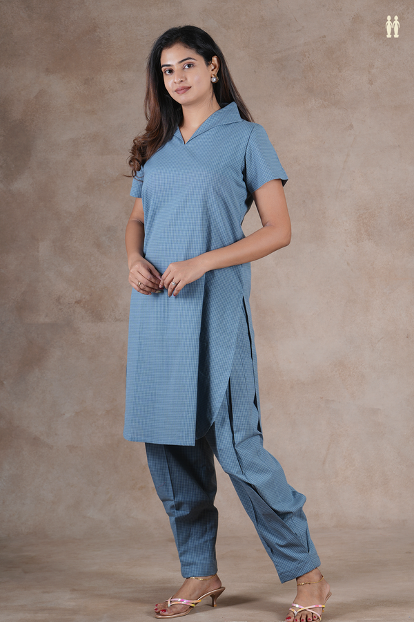 Open Collar Checks Design Dusty Blue Cotton Salwar Set