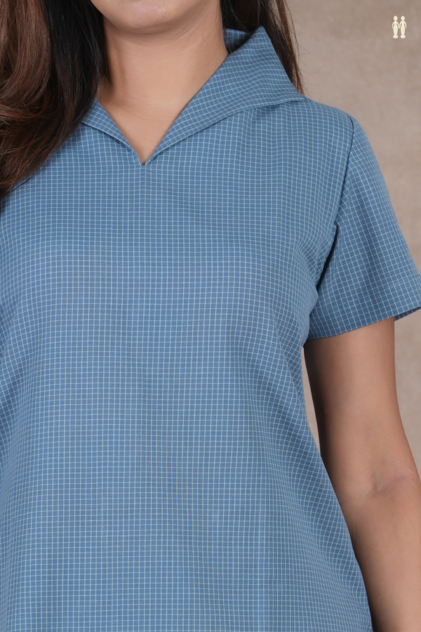 Open Collar Checks Design Dusty Blue Cotton Salwar Set