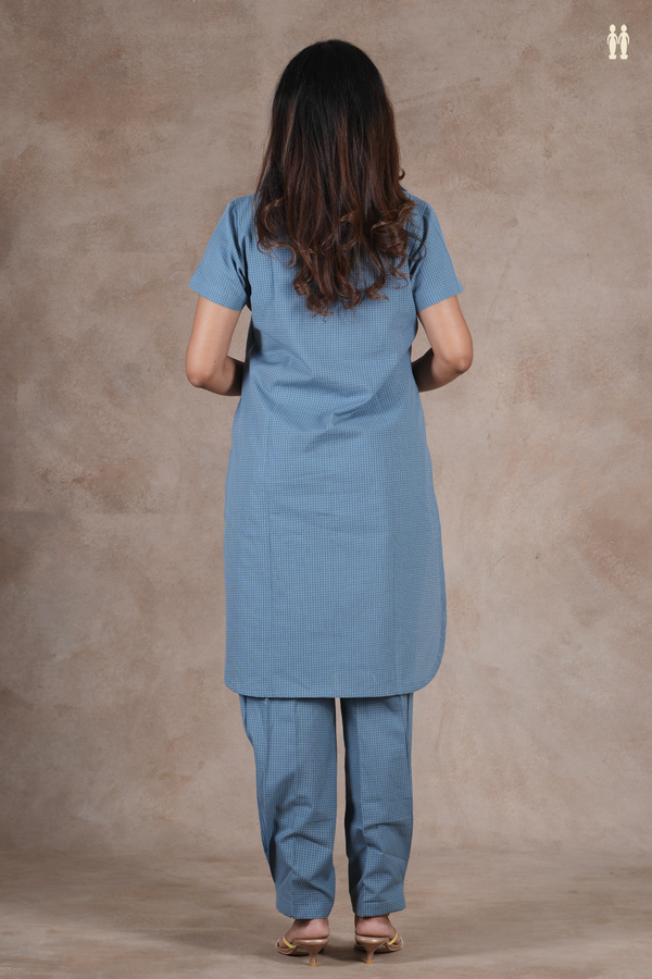 Open Collar Checks Design Dusty Blue Cotton Salwar Set