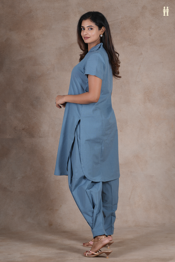 Open Collar Checks Design Dusty Blue Cotton Salwar Set