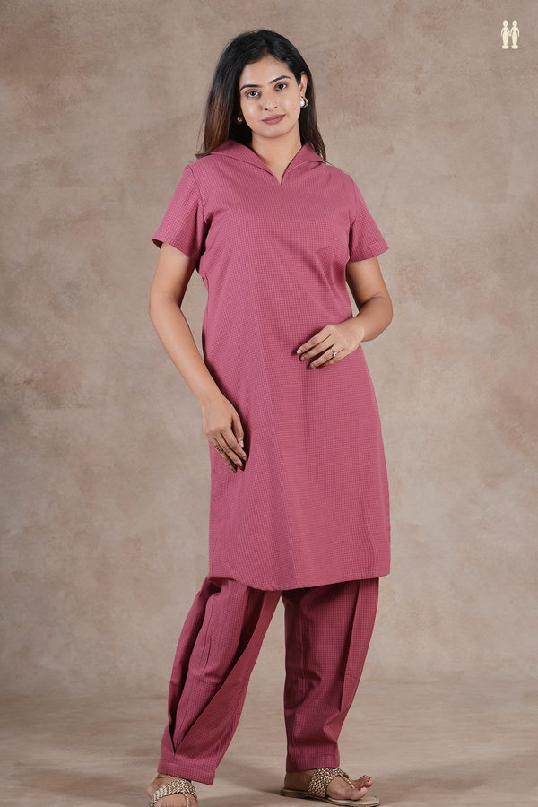Open Collar Checks Design Dusty Red Cotton Salwar Set
