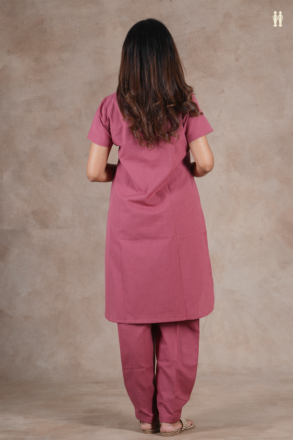 Open Collar Checks Design Dusty Red Cotton Salwar Set