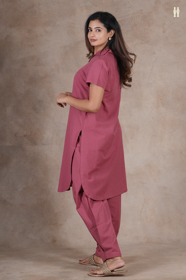 Open Collar Checks Design Dusty Red Cotton Salwar Set