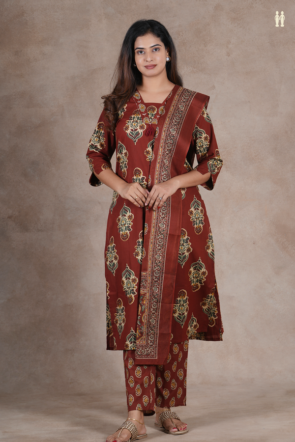 V-Neck Floral Design Brown Cotton Salwar Set