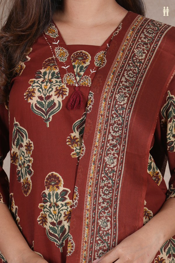V-Neck Floral Design Brown Cotton Salwar Set