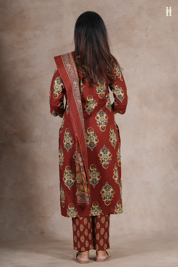 V-Neck Floral Design Brown Cotton Salwar Set