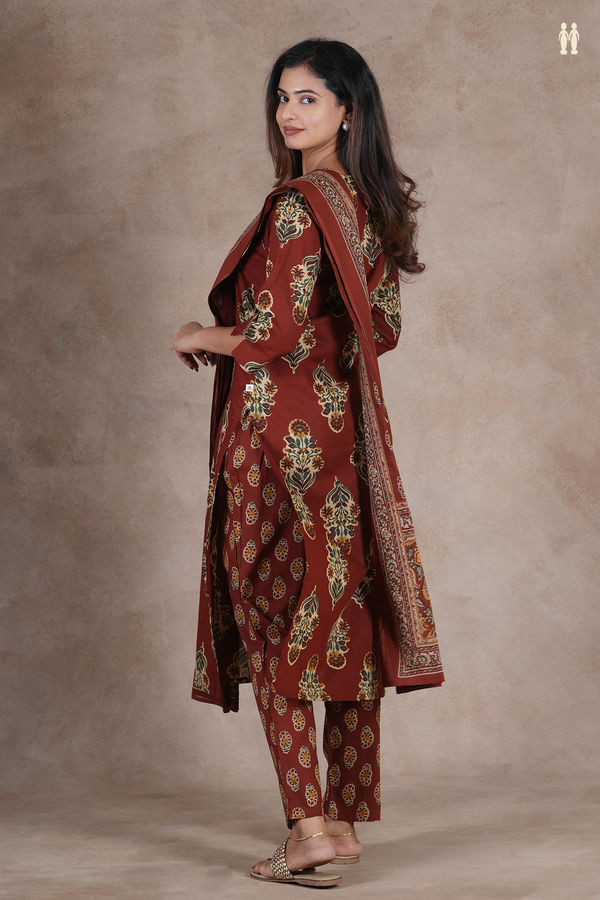 V-Neck Floral Design Brown Cotton Salwar Set