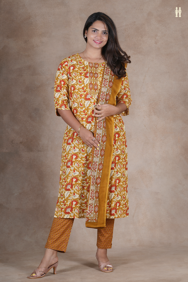 Round Neck Floral Design Golden Yellow Cotton Salwar Set