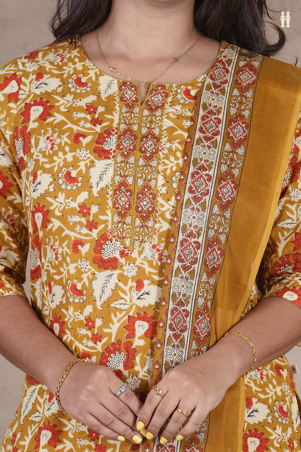 Round Neck Floral Design Golden Yellow Cotton Salwar Set