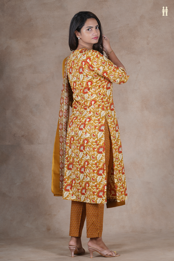 Round Neck Floral Design Golden Yellow Cotton Salwar Set