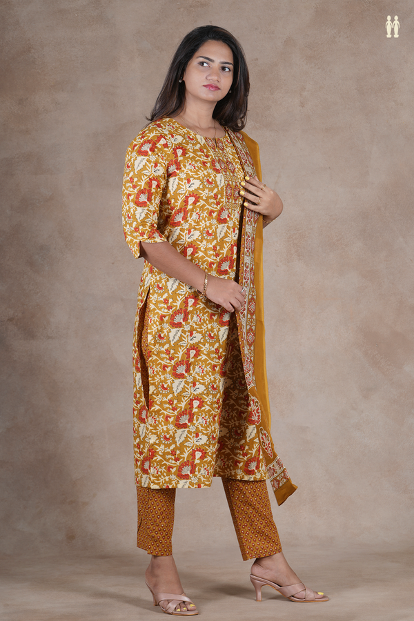 Round Neck Floral Design Golden Yellow Cotton Salwar Set