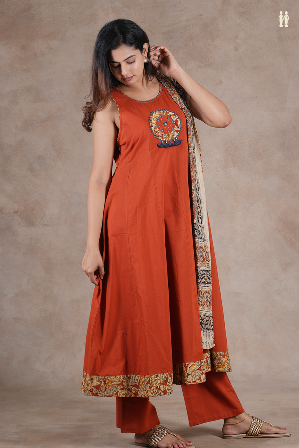 Round Neck Plain Copper Orange Cotton Salwar Set