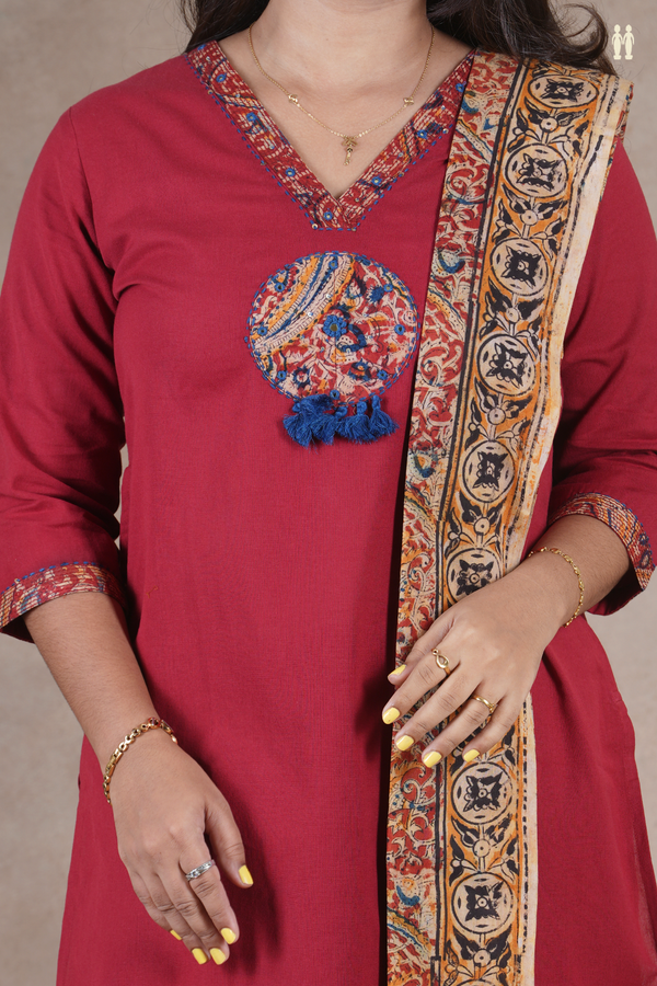 V- Neck Plain Red Cotton Salwar Set