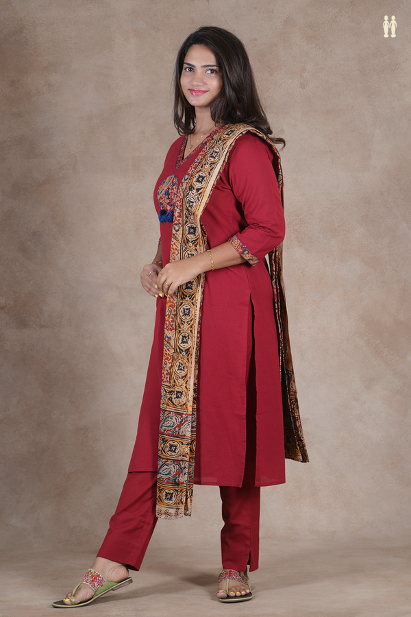 V- Neck Plain Red Cotton Salwar Set