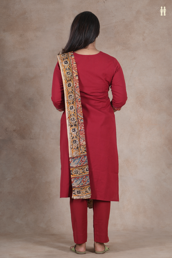 V- Neck Plain Red Cotton Salwar Set