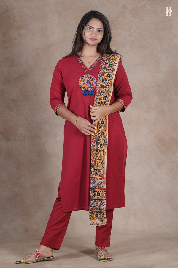 V- Neck Plain Red Cotton Salwar Set