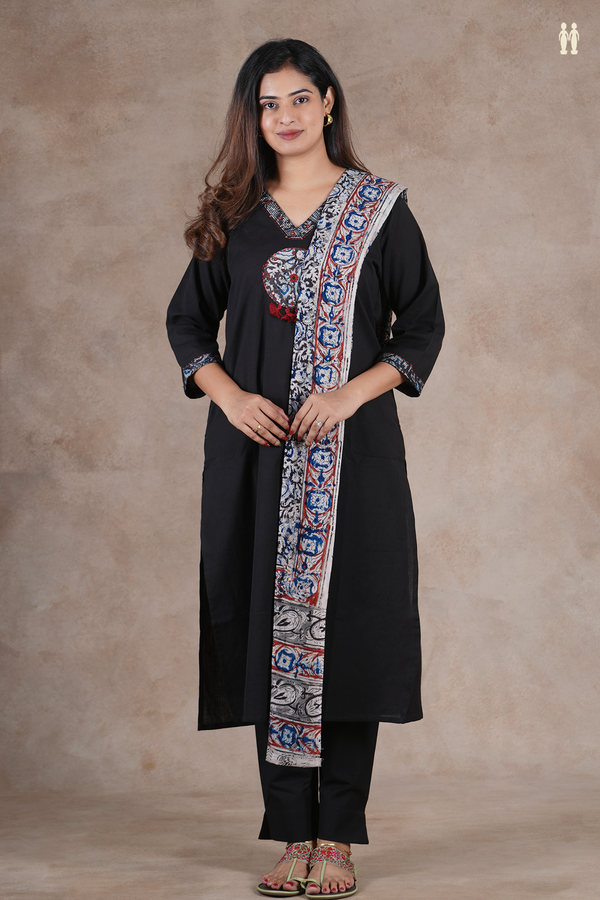 Round Neck Patch Work Black Cotton Salwar Set